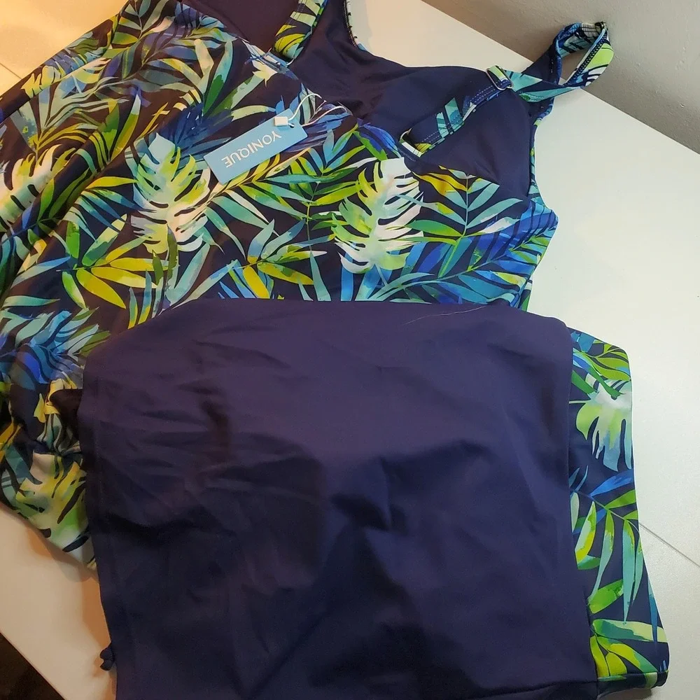 Yonique Tropical Palm Tankini Set Blue Green Swim Skirt Two Piece NWT